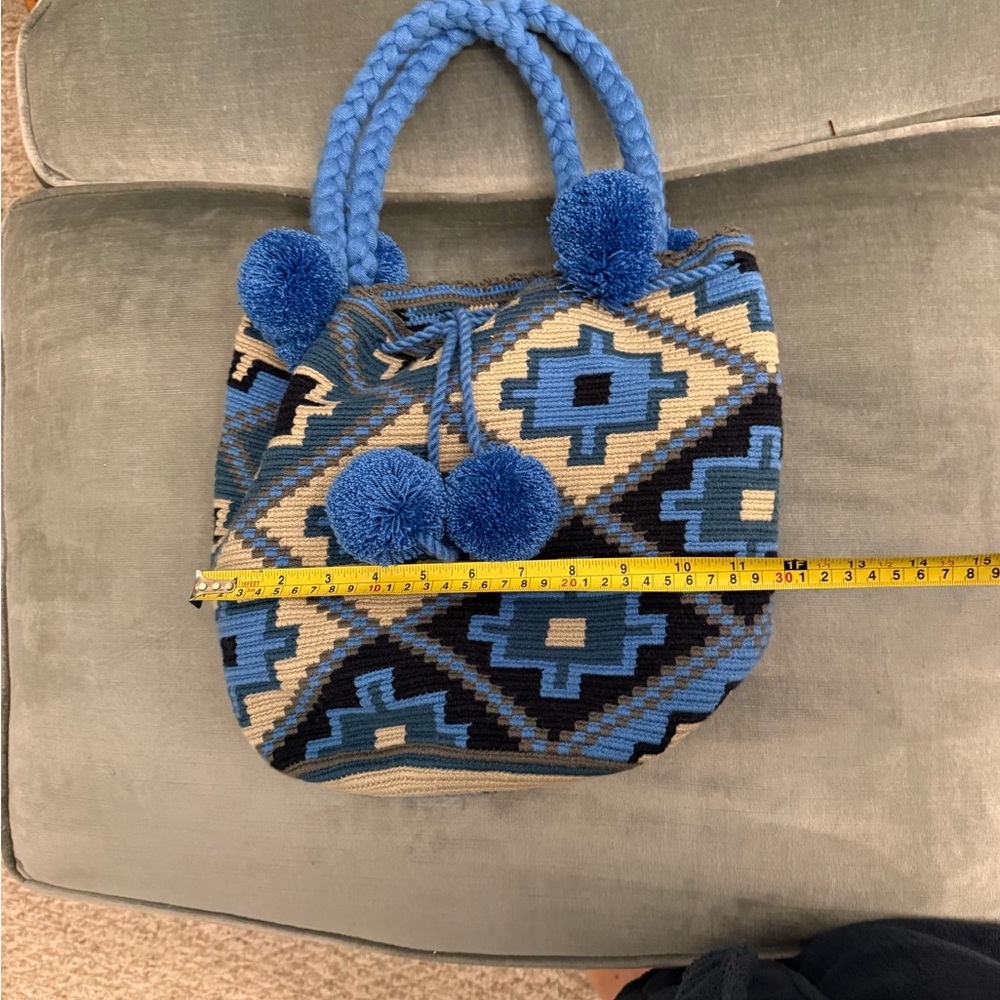 Blue Geometric Woven Shoulder Bag with Pom-Pom Accents - Picture 8 of 9